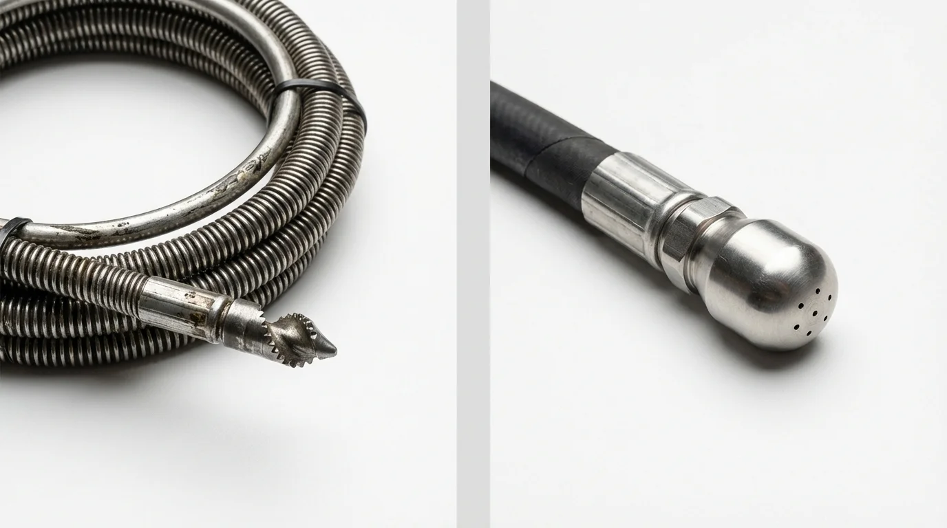 Drain snake cable and hydro jetting nozzle used for drain cleaning in Sonora, CA