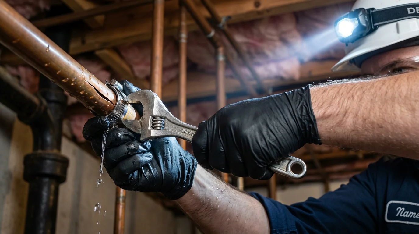 Emergency pipe clamp repair being performed by a Johns Plumbing LLC plumber in Sonora