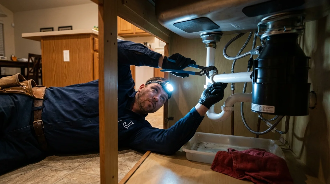 P-trap and supply line connections under a kitchen sink showing a common leak point in Sonora, CA